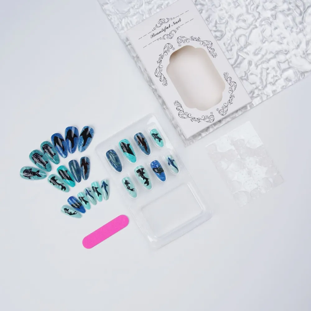 Nailhour 24Pcs Ocean 3D Medium Almond Shark Fish Press On Nails