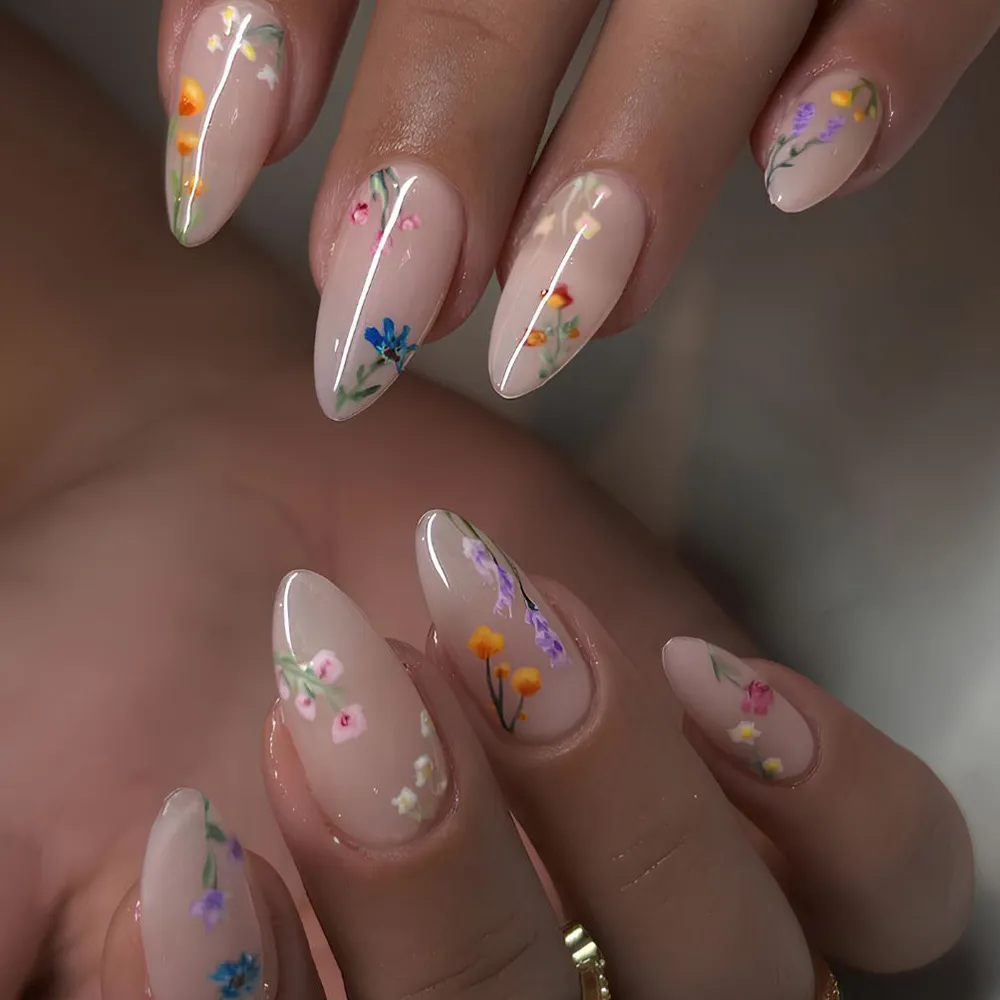 Nailhour 24pcs Fresh Nude Base And Colorful Floral Patterns Press-On Nails