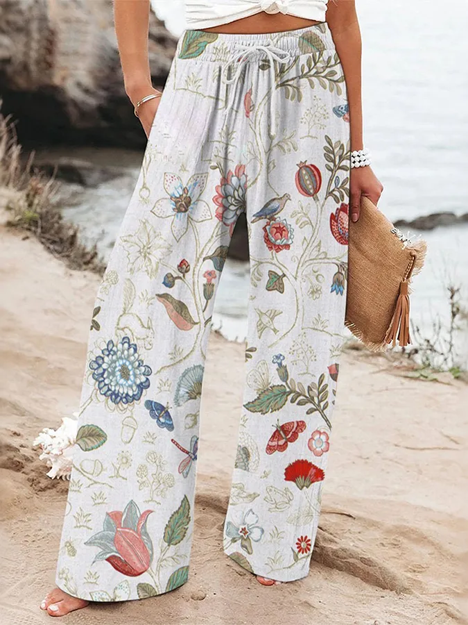 Women'S Casual Floral Art Printed Loose Cotton And Linen Pants