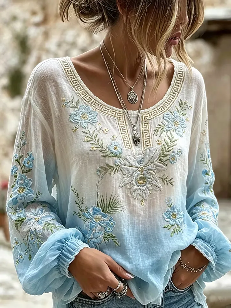 Women'S Floral Bohemian Cotton Linen Blend Printed Top