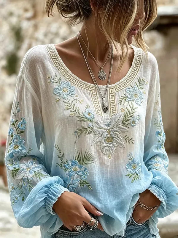 Women'S Floral Bohemian Cotton Linen Blend Printed Top