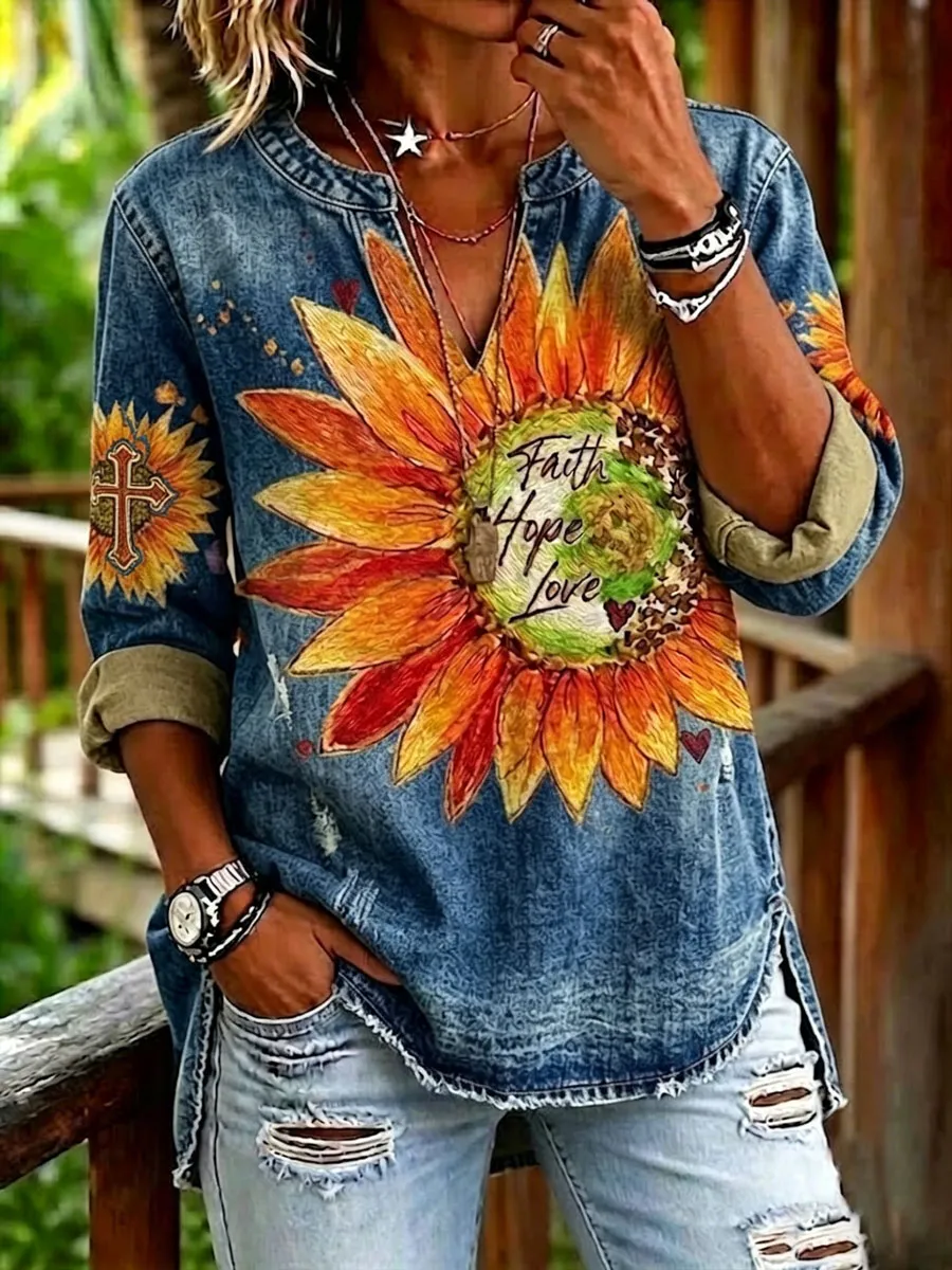 Women'S Casual Floral Faith Print Top