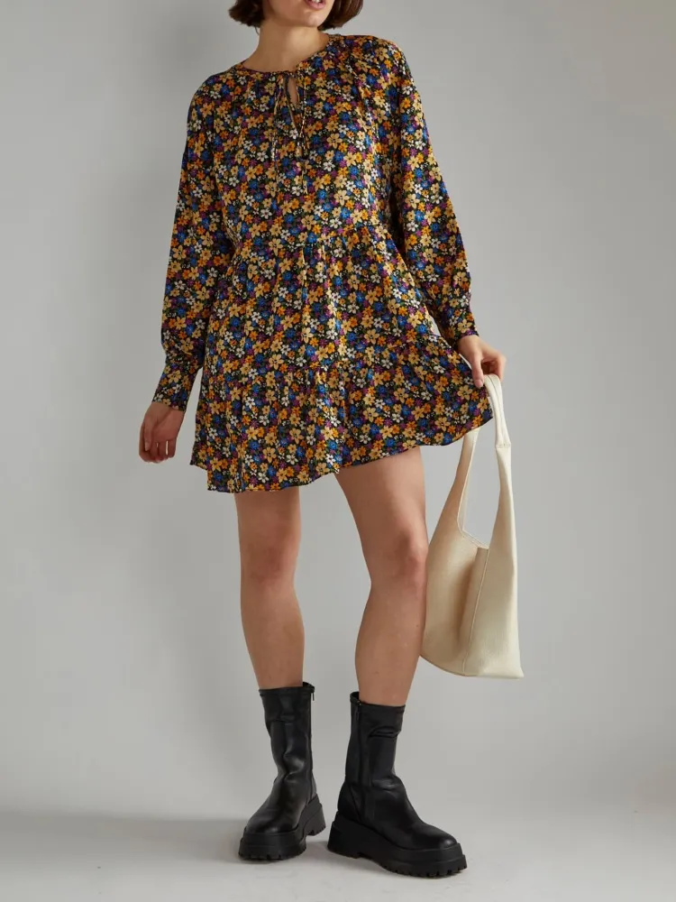 Mulit Floral Print Long Sleeve Dress