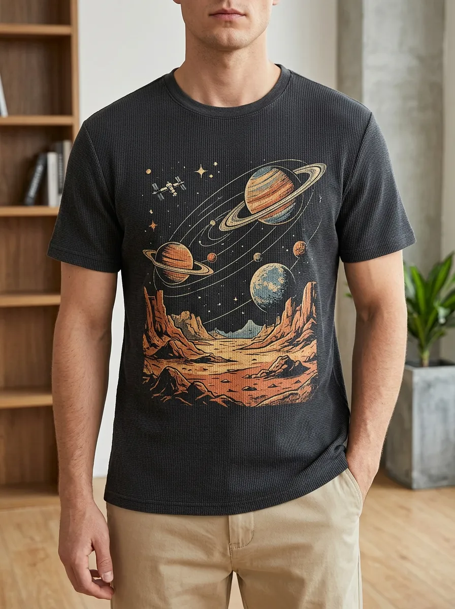 Men's Space Astronomy Lover Planet Landscape Signature Crew Neck T-Shirt