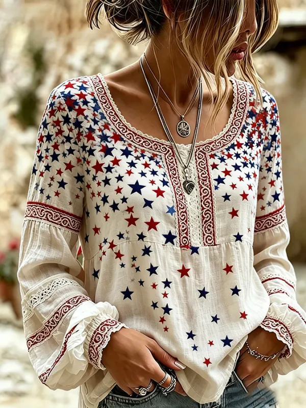 Women'S American Flag Star Printed Long Sleeve Casual Shirt