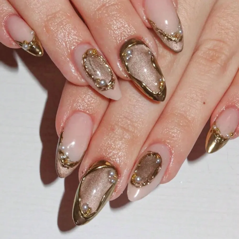 Nailhour 10Pcs Gilded Autumn Medium Almond Press On Nails