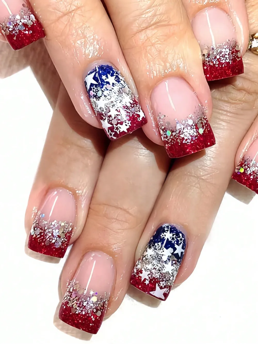 Nailhour 24pcs Medium Square 4th Of July Nail Art French Stiletto Dreamy Silver Glitter Press On Nails