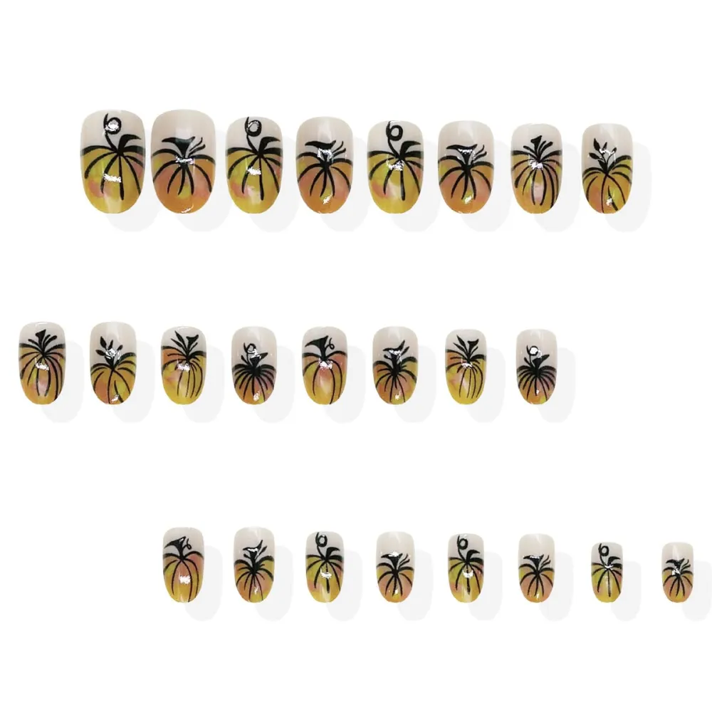 Nailhour 24Pcs Autumn Thanksgiving pumpkin Short Oval French Press On Nails