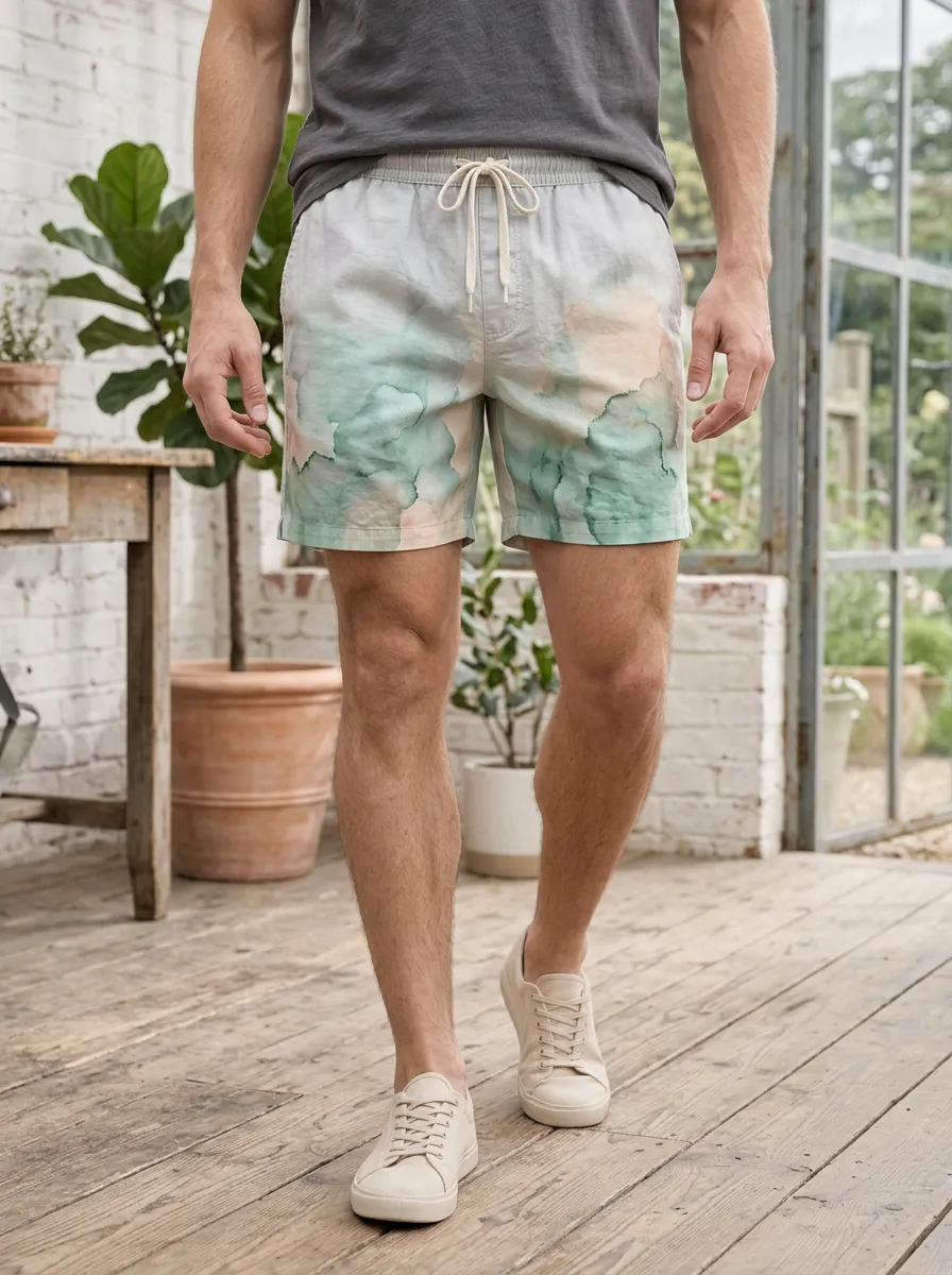 Men's Beachwear Watercolor Abstract Drawstring Shorts