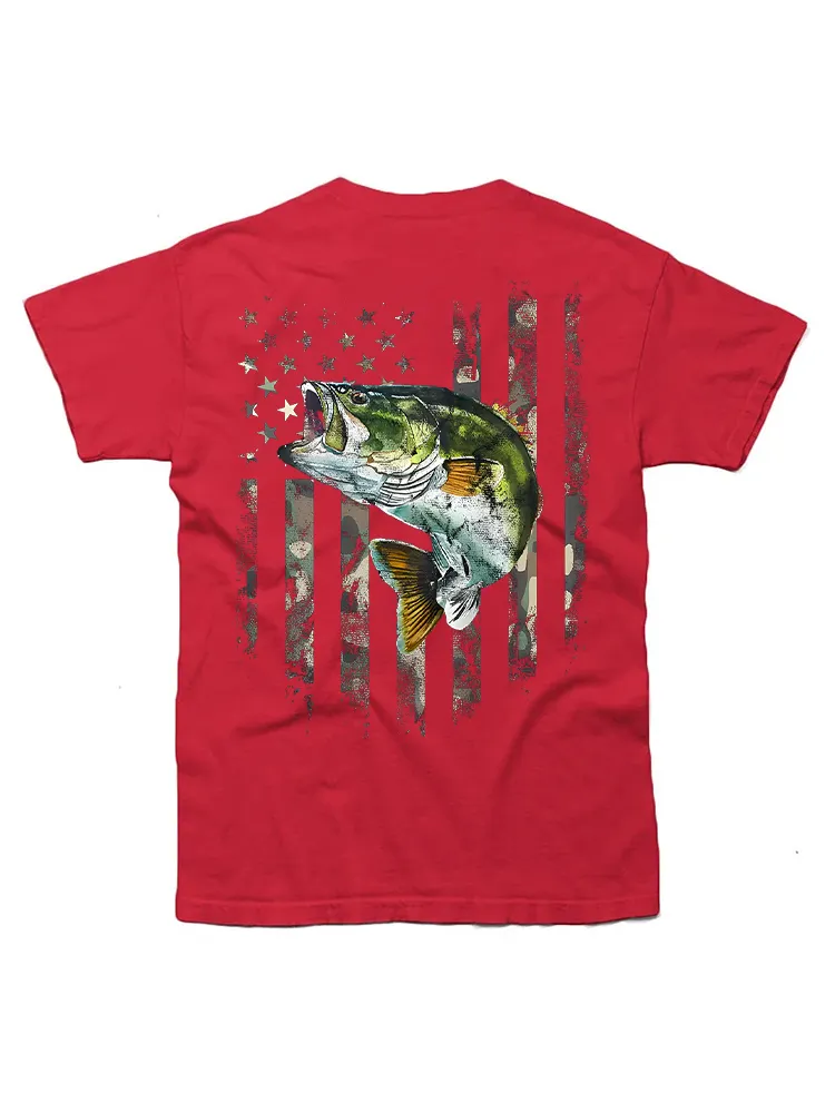 American Flag (Print On The Back) Camo Bass Fish Fishing T-Shirt
