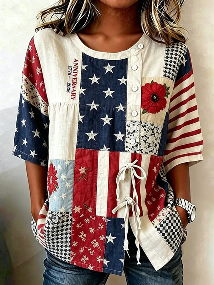 Women's Independence Day Flag & Floral Pattern Casual Tie-front Shirt