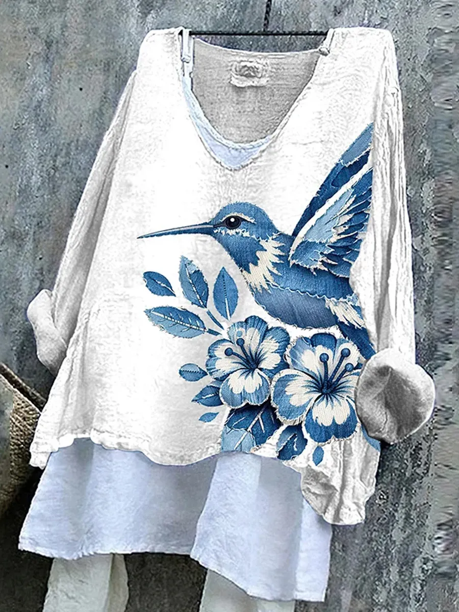 Women's Floral And Bird Art Linen Long-sleeved Shirt