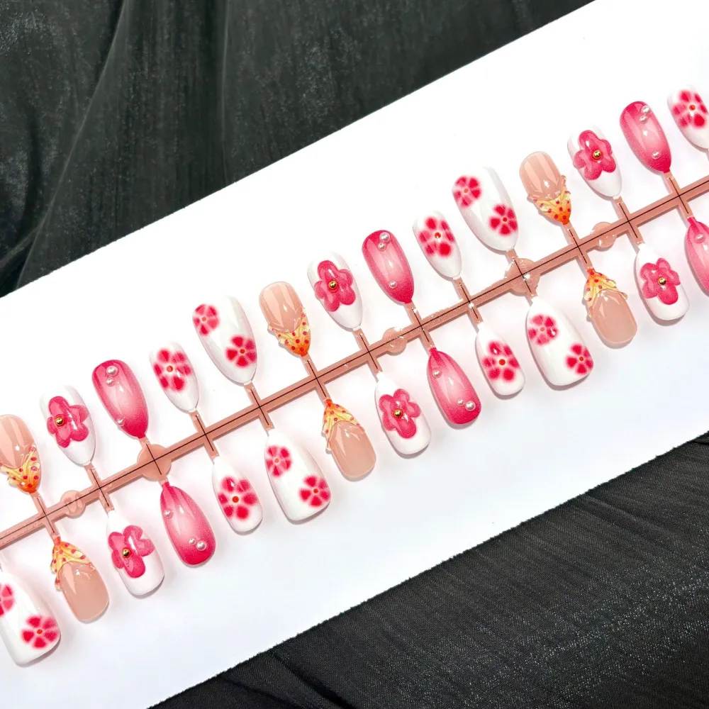 Nailhour 30Pcs Rose Red Floral 3D Medium Almond French Press On Nails