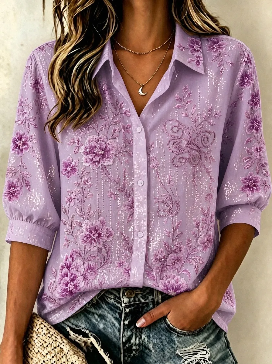 Women's Breast Cancer Awareness Pink Floral Embroidered Printed Shirt