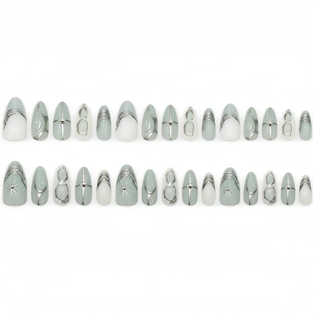 Nailhour 30Pcs Cool Tones Gradient 3D Medium Almond French Press On Nails