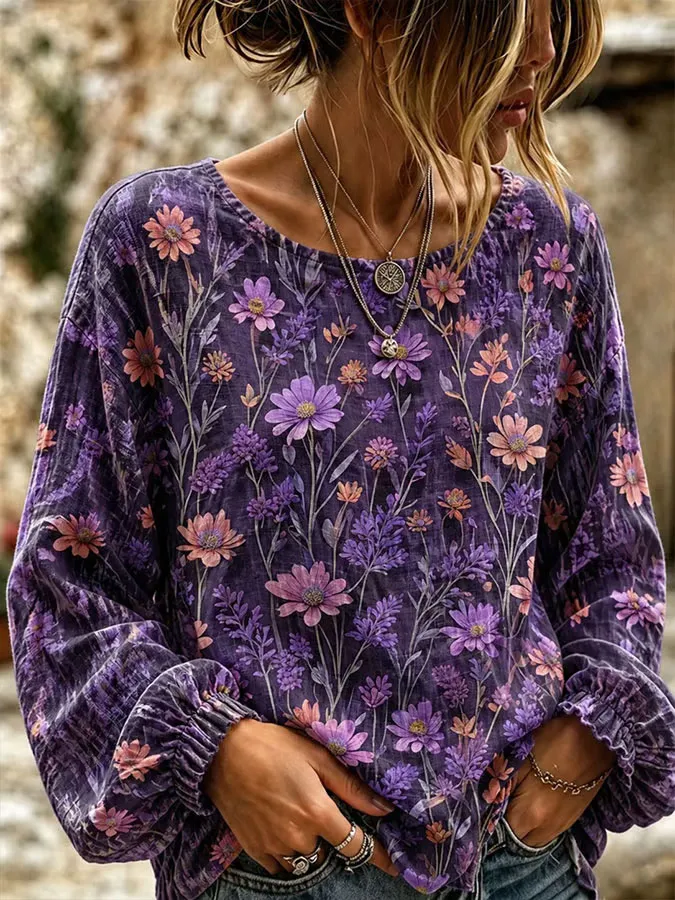 Women'S Purple Floral Printed Casual Cotton And Linen Top