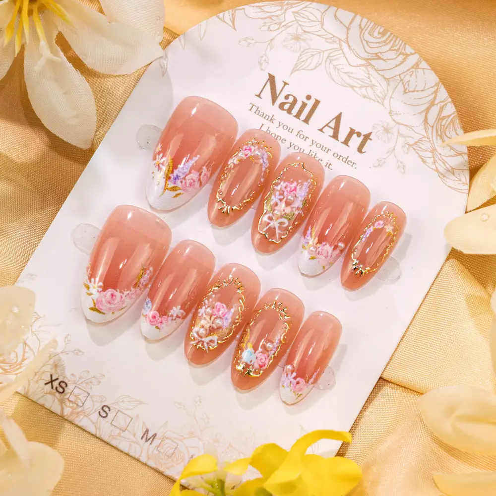 Nailhour 30Pcs Nude French Floral Medium Almond Press On Nails