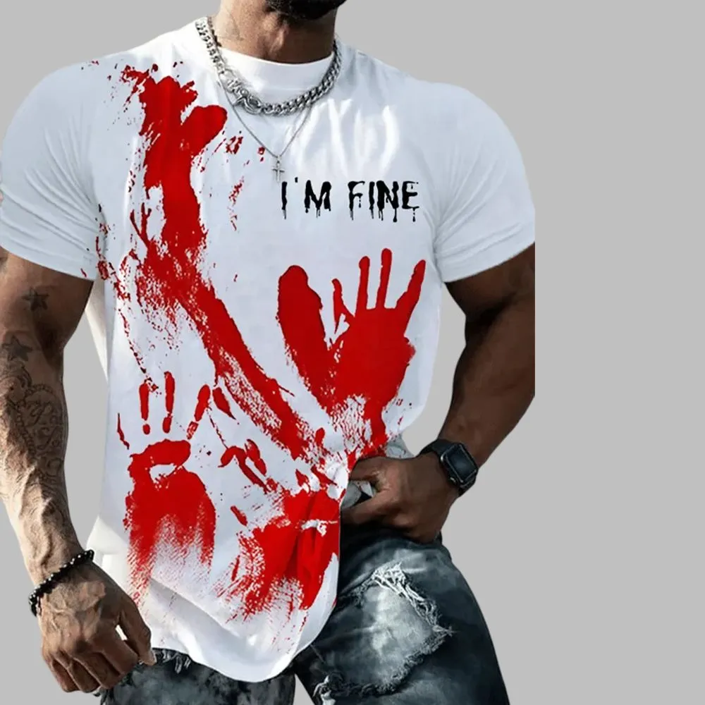 2025 Halloween Men’s I’m Fine Bloodstain Printed Casual T-Shirt
