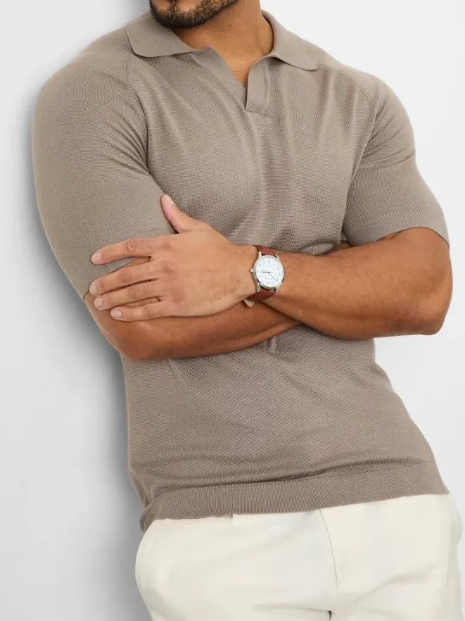 Muted Gray Textured Open Collar Knitted Polo Shirt