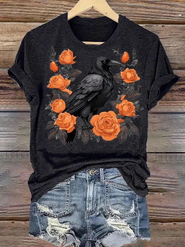 Crow Flower Graphic T-Shirt