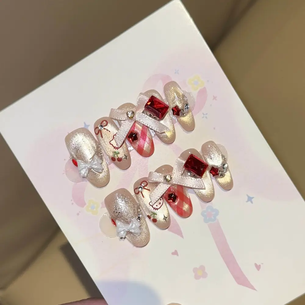 Nailhour Handmade 10Pcs 3D Cat Eye Rhinestone Long Oval Press On Nails