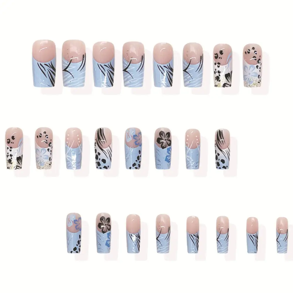 Nailhour 24Pcs French Blue Gradient Medium Square Press On Nails