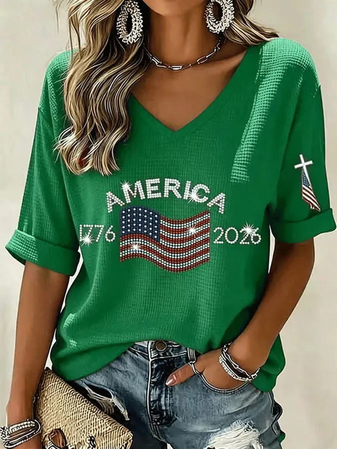 Ladies' American Flag Printed Casual Long Sleeve V-neck T-shirt