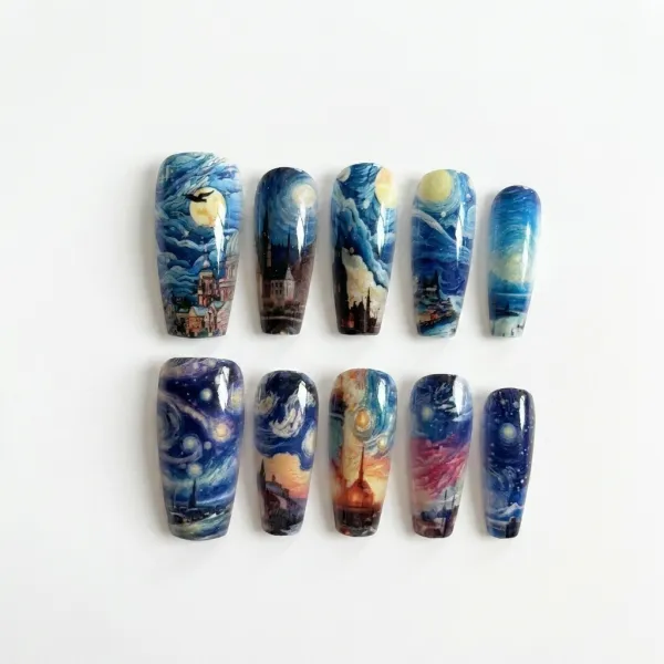 Nailhour Handmade 10pcs Van Gogh's Starry Night Short Coffin Press On Nails
