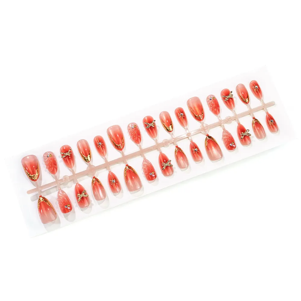 Nailhour 30Pcs Blending 3D Medium Almond Red French Press On Nails