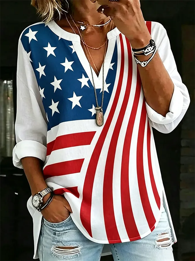 Ladies' Casual American Star Spangled Banner V-Neck Long Sleeved T-Shirt