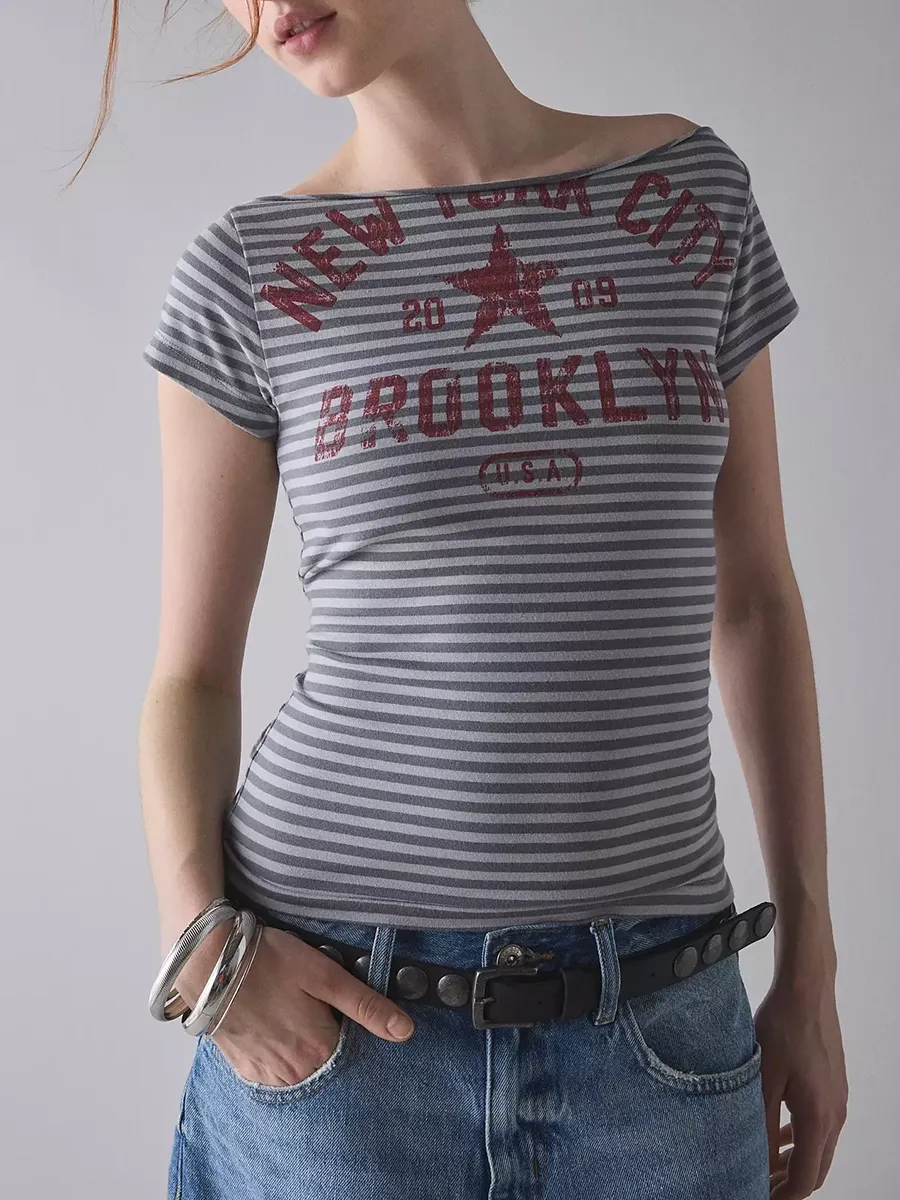 Women's Pure Cotton Printed Striped T-Shirt