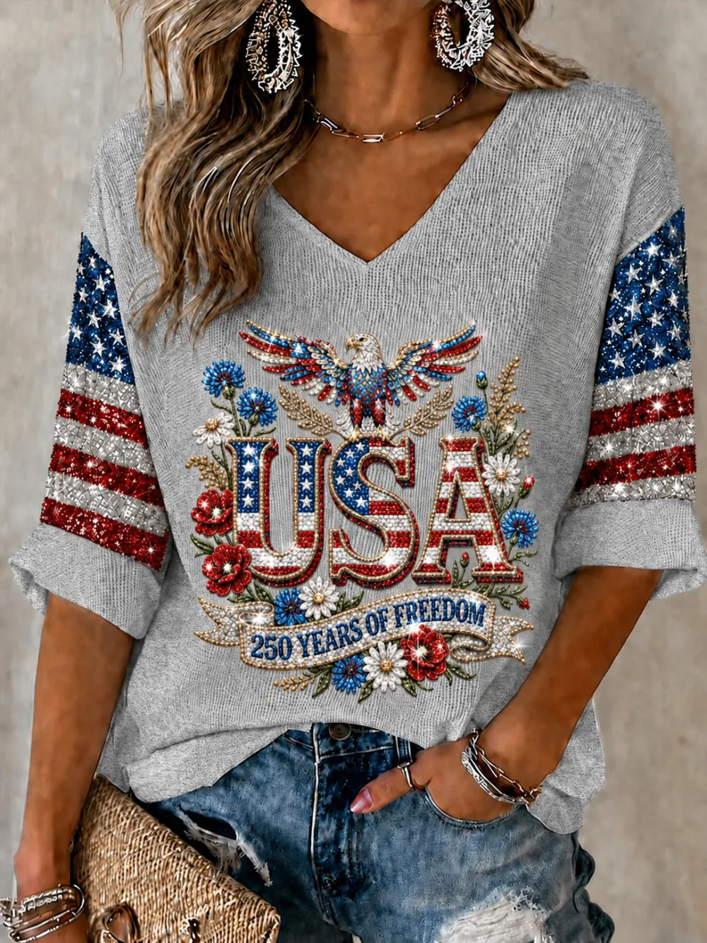 Women'S Retro Independence Day Art Printed Casual T-Shirt