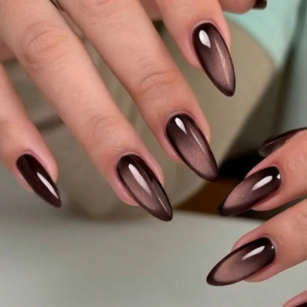 Nailhour 24Pcs Purple Cat Eye Long Almond Press On Nails