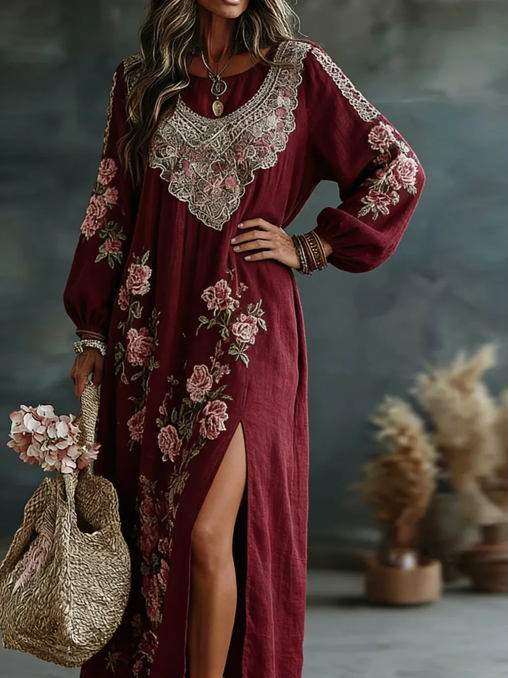 Vintage Floral Lace Design Women's Side-Slit Linen Maxi Dress