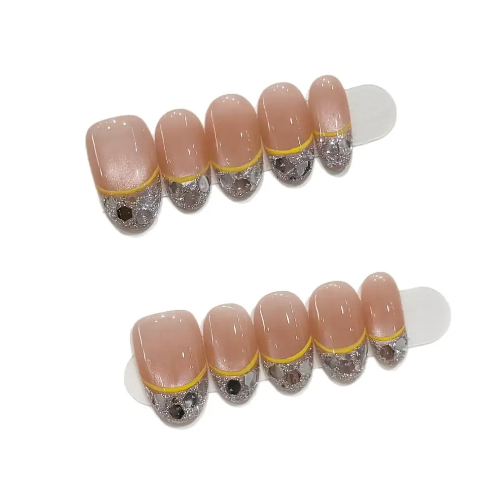 Nailhour 10Pcs French 3D Rhinestone Medium Almond Press On Nails