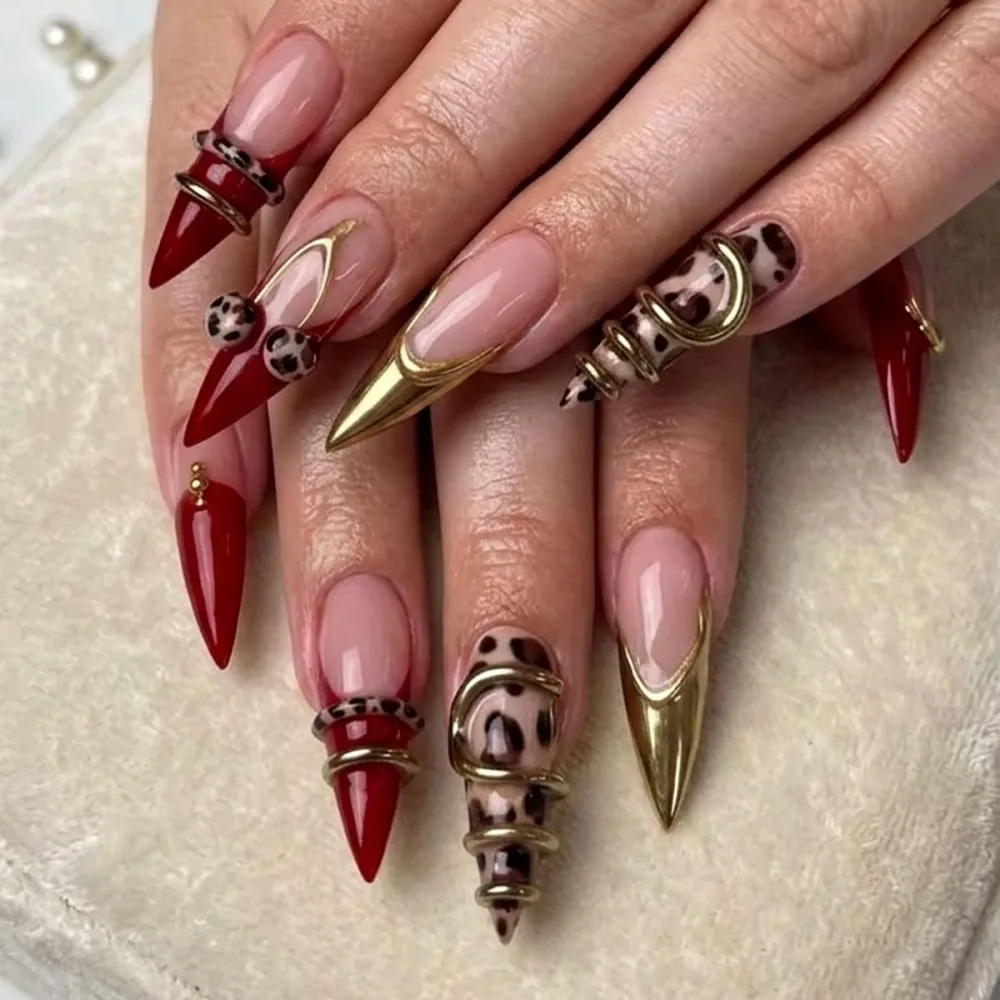 Nailhour 24Pcs 3D Gilded Red Leopard Print Cherry Long Almond Press On Nails
