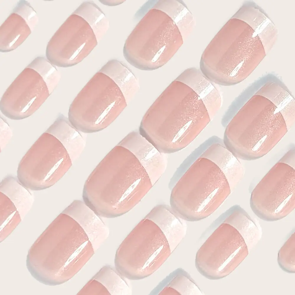 Nailhour 24Pcs French Medium Square Pink Glitter Press On Nails