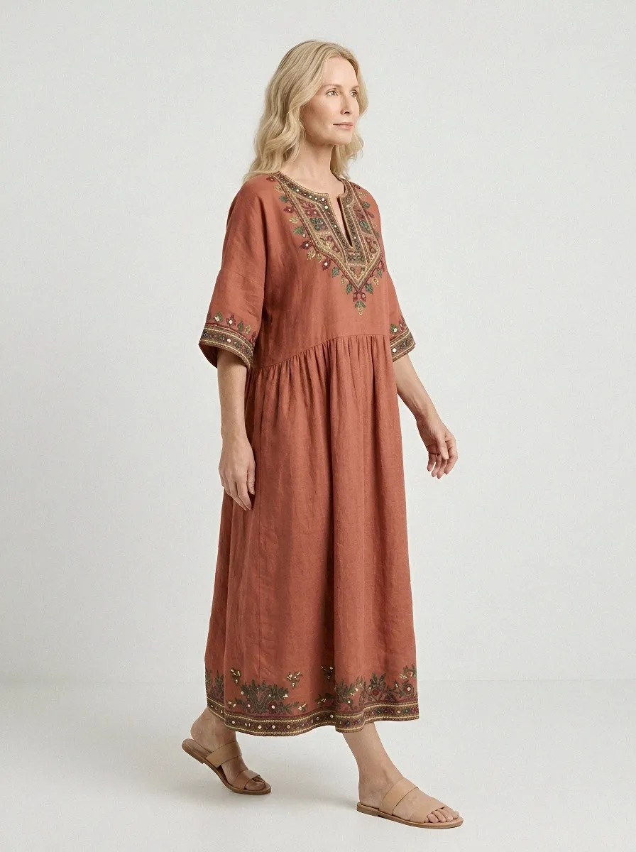 Women's Summer Vacation Navy Blue Embroidered Trim Linen Midi Dress
