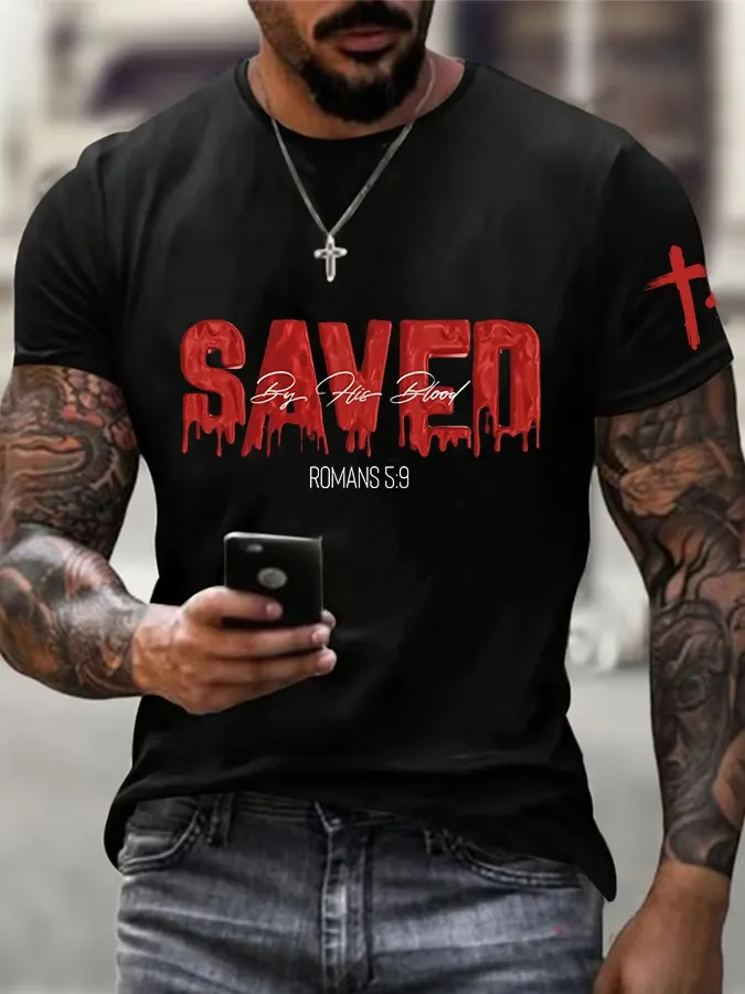Men'S Saved By His Blood Print Casual T-Shirt