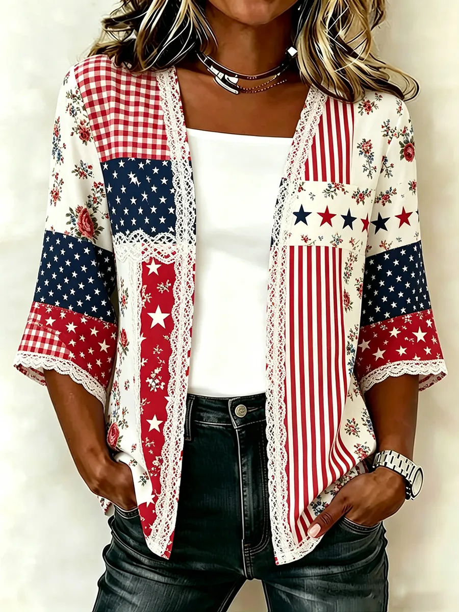 Women'S Casual Loose Independence Day Patriotic Cardigan