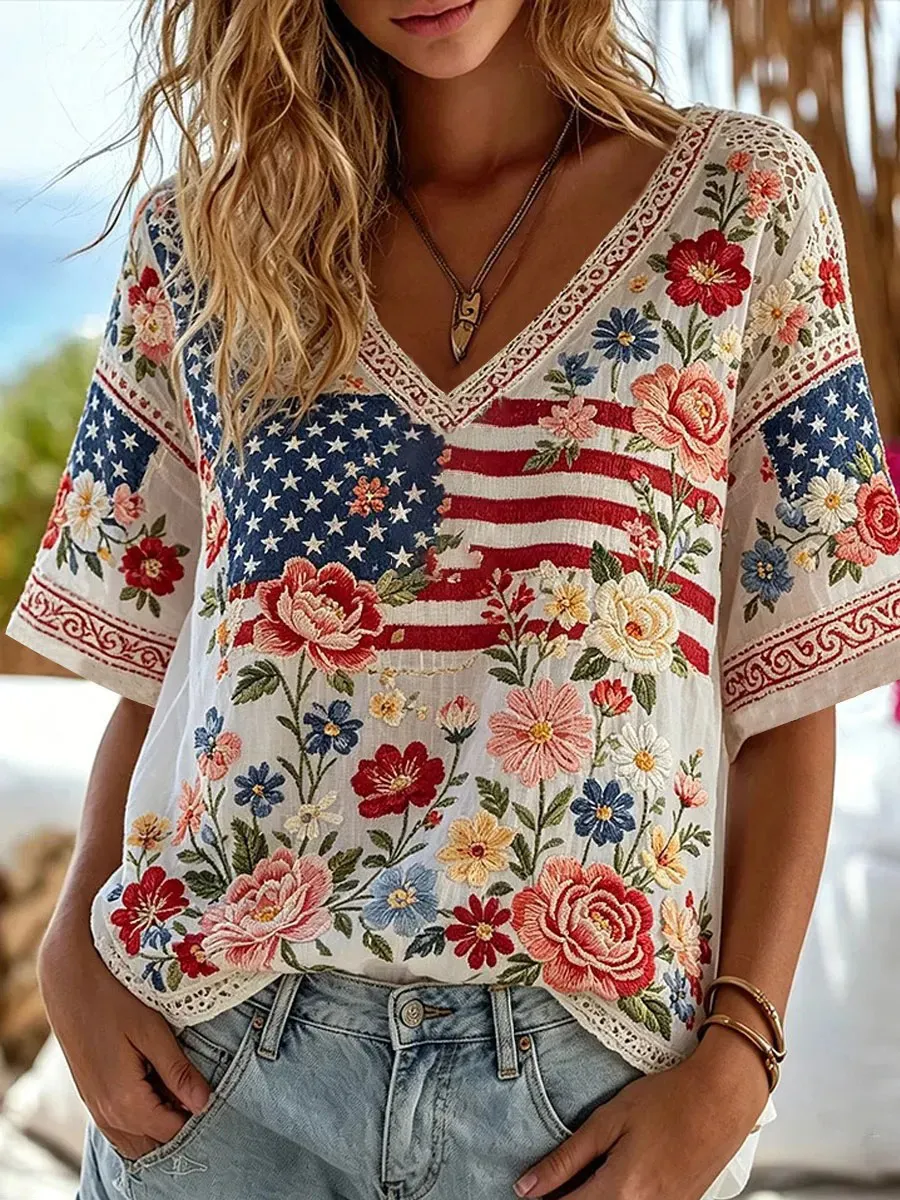 Women's Casual Retro Patriotic T-shirt