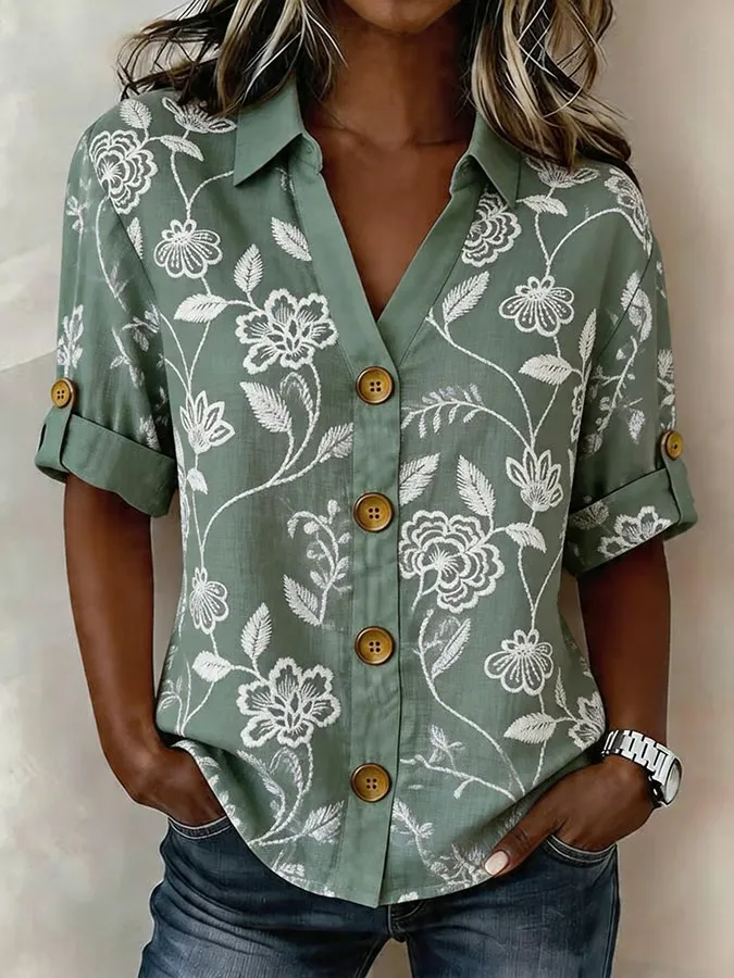 Women's Casual Printed 3-4-Sleeve Collar Shirt