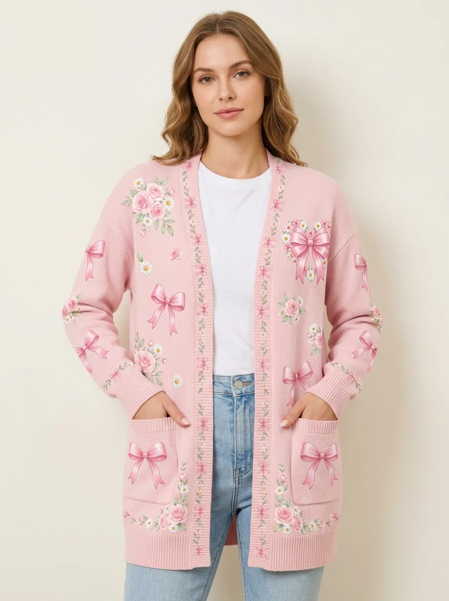 Women's Breast Cancer Awareness Pink Bow Floral Printed Cardigan