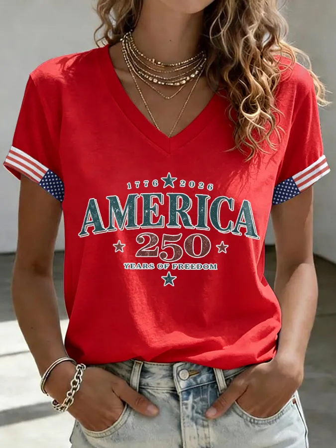 Women'S America Flag l Print Casual V-Neck T-Shirt