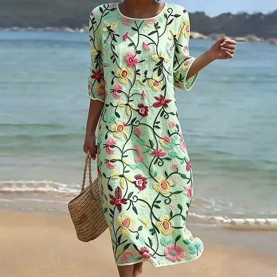 Vintage Floral Art Pattern Linen Blend Loose Three-quarter Sleeve Dress