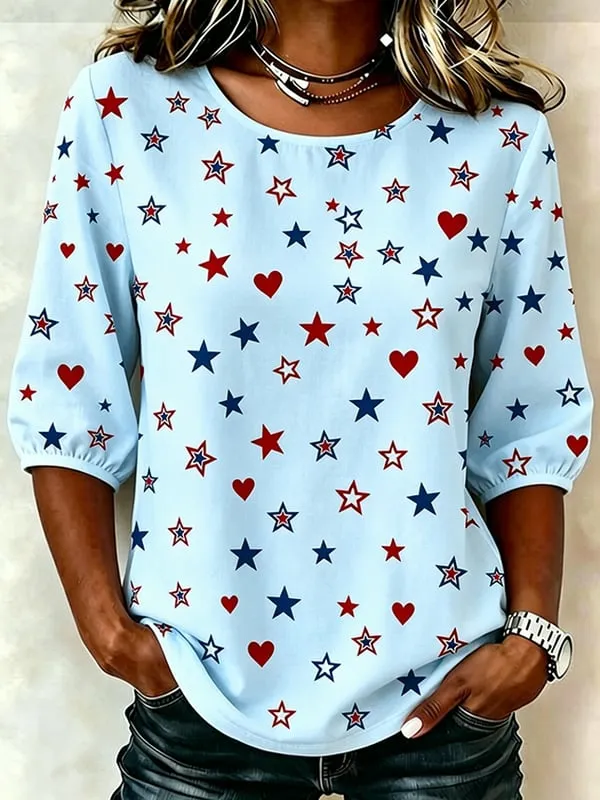 Women's Patriotic Star Linen Printed Top