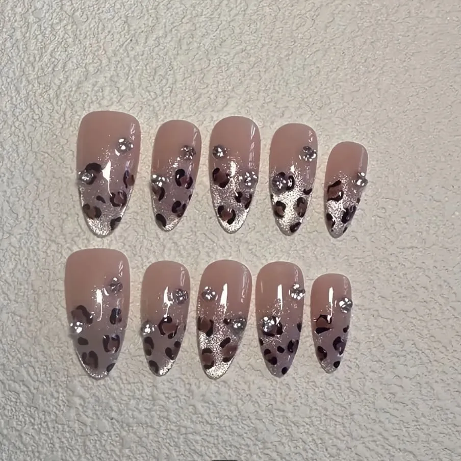 Nailhour 10Pcs French Rhinestone Glitter Minimalist Medium Oval Press On Nails