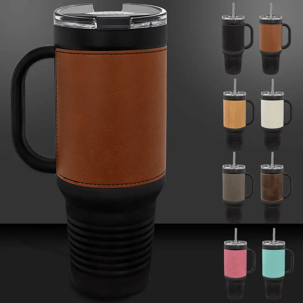 Leatherette Finish Handled Straw Lid Stainless Steel Tumbler