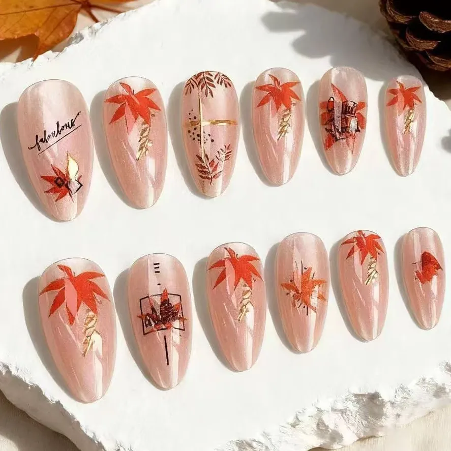 Nailhour 24Pcs Gilded Autumn Cat Eye Medium Almond Press On Nails