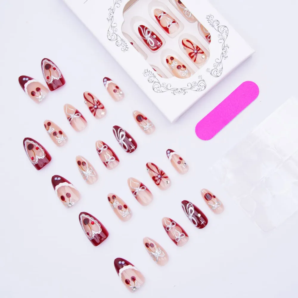 Nailhour 30Pcs Christmas Cherry 3D Medium Almond French Press On Nails